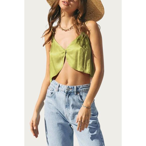 NEW ENDLESS BLU. cropped satin split-front camisole in lime - Picture 1 of 3